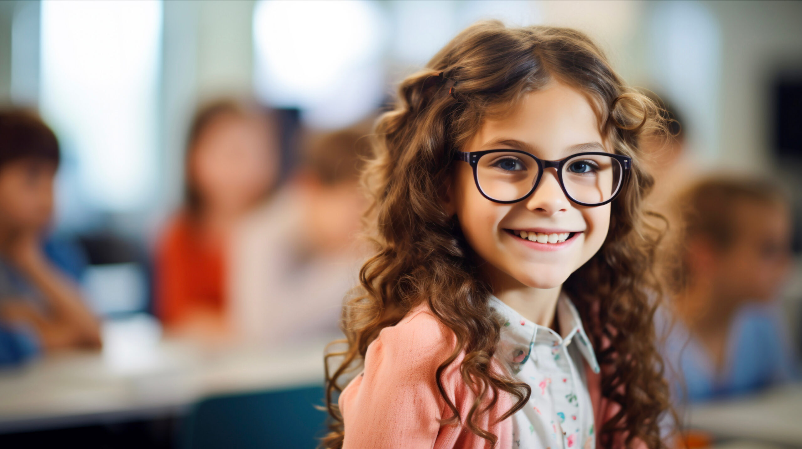 Close-up portrait of a girl with glasses, smiling and happy, against a school classroom background
